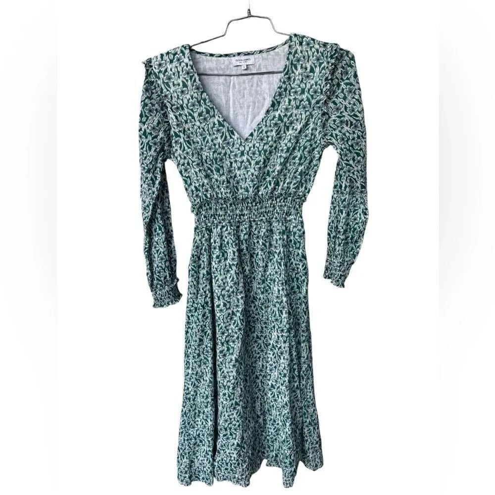 Olivia James Green Floral Long Sleeve midi dress vneck ruched waist S